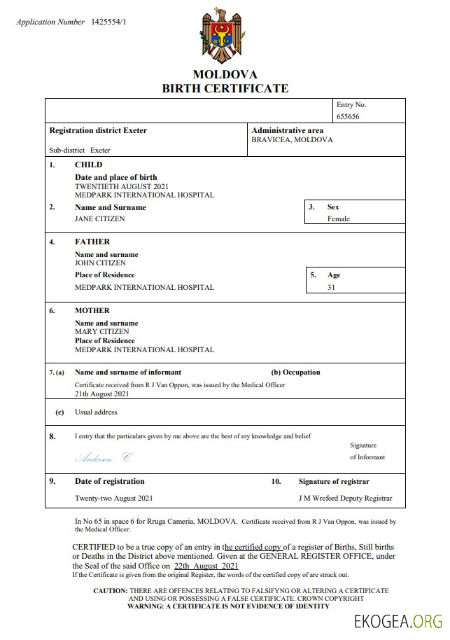 Modèle Word et PDF d'acte de naissance en Moldavie